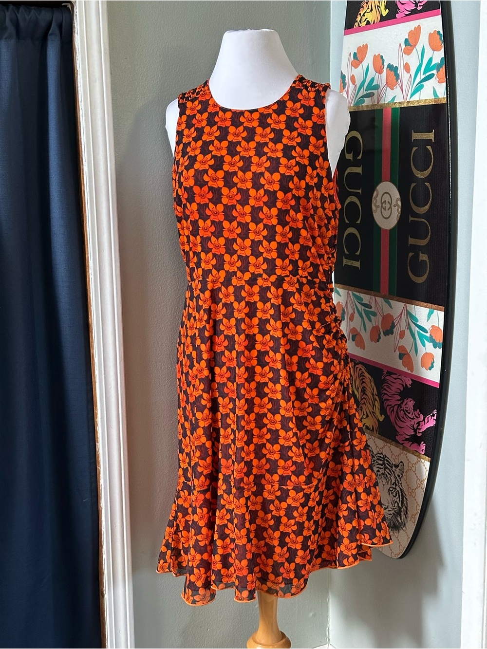Cabi Play Day Flip Reversible Orange Floral Print Polka Dot Ruffle Ruched Dress